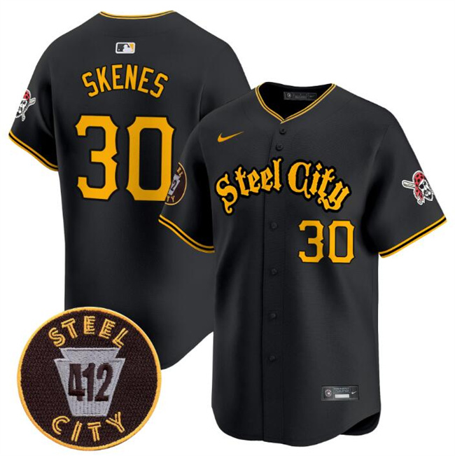 Men's Pittsburgh Pirates #30 Paul Skenes Black 412 Patch Vapor Premier Limited Stitched Baseball Jersey Men's Pittsburgh Pirates #30 Paul Skenes Black 412 Patch Vapor Premier Limited Stitched Baseball Jersey